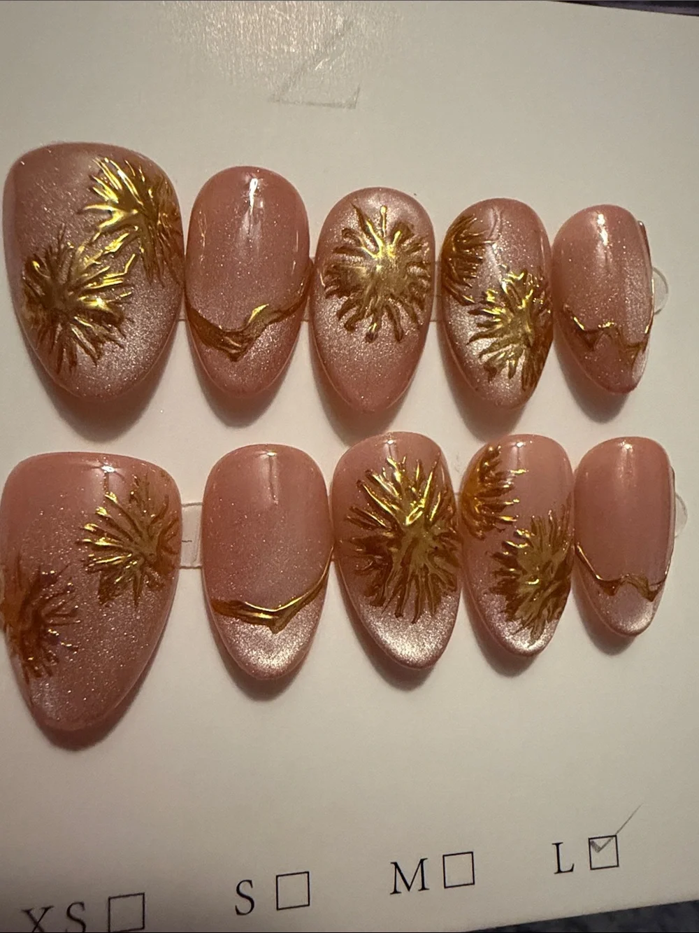 Neutral cateye Pink handmade acrylic Press-On Nails with Gold Floral Accents